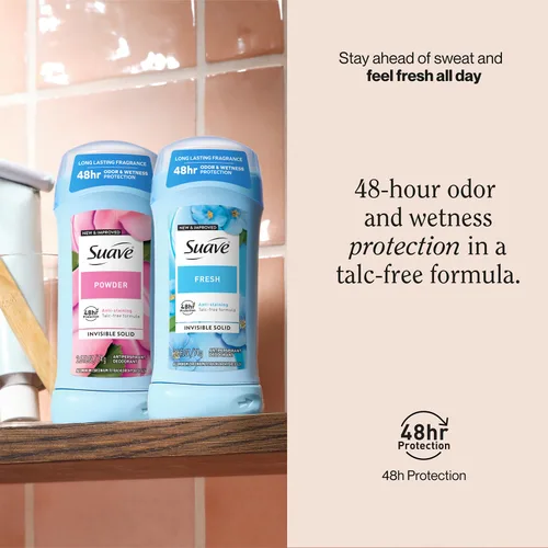 Miniatura 3 de Suave Desodorante antitranspirante para mujer, variedad fresca y en polvo, paquete de 2 unidades, barras sólidas invisibles antimanchas, sin talco