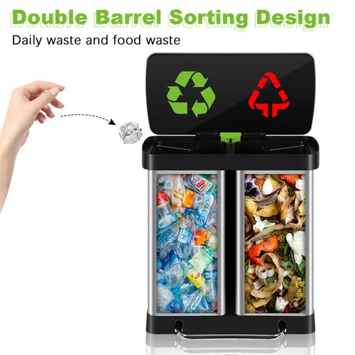 Miniatura 3 de Basurero de cocina de acero inoxidable de 16 galones/60 litros con tapa y doble barril, cubo de basura clasificado de alta capacidad para reciclaje