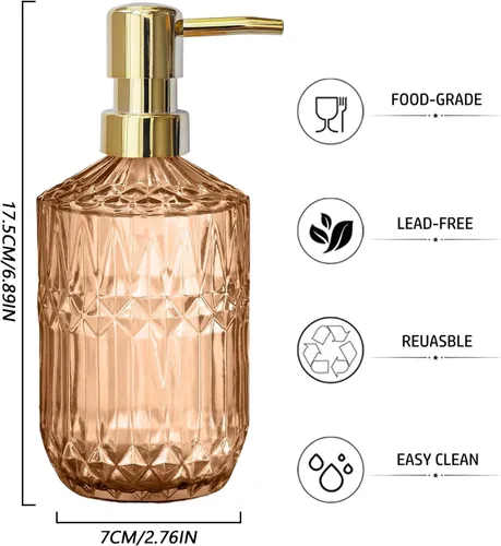 Miniatura 2 de 14Oz Gold Pump Glass Soap Dispenser, Amber Diamond Design Countertop Refillable Liquid Bottle Hand Dish Lotion Dispenser with Plastic Pump, for