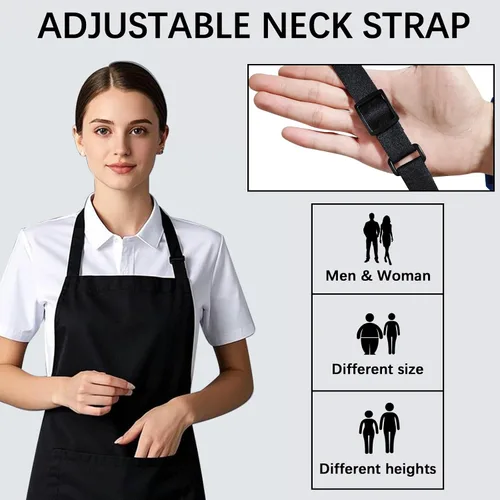 Miniatura 6 de Delantal con babero - Delantal unisex negro con 6 bolsillos, delantal de cocina para cocinero, delantales de dibujo para barbacoa, negro (6 piezas)