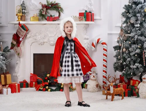 Miniatura 2 de IDOPIP Vestido de fiesta de Navidad para mujeres y niñas, vestido de tutú a cuadros rojos con capa con capucha, disfraz familiar a juego