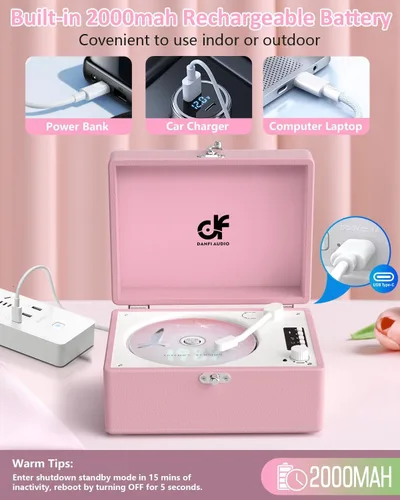 Miniatura 5 de Reproductor de CD con altavoces estéreo, transmisión inalámbrica de entrada/salida Bluetooth, batería recargable, reproductor de CD retro USB