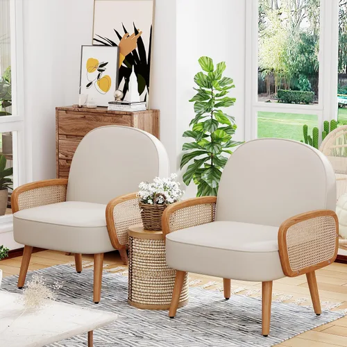 Miniatura 6 de Aklaus Silla decorativa moderna de mediados de siglo con brazos de ratán, tapizada de ratán, silla bohemia para sala de estar, dormitorio, balcón