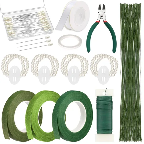 Paxcoo Kit de herramientas de cinta floral y arreglo de alambre floral con cinta verde, alambre floral, alfiler de flores de boutonniere, cortador,