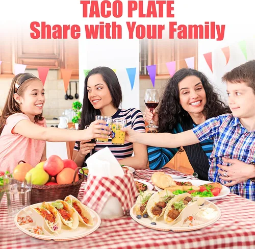 Miniatura 8 de LUVCOSY Platos desechables grandes de 10 pulgadas, 3 tacos y 4 lados, soporte biodegradable para tacos de almidón de maíz, tortilla suave y dura