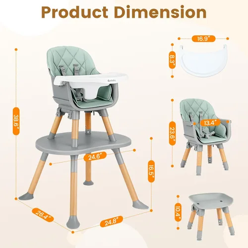 Miniatura 6 de Ezebaby Silla alta convertible para bebé con mesa y asiento, silla de alimentación ajustable 8 en 1, asiento elevador de comedor de múltiples etapas