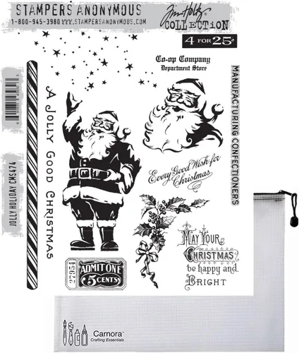 Tim Holtz Jolly Holiday - Juego de sellos adhesivos – Bolsa de almacenamiento de malla Carnora, lanzamiento de septiembre de 2023 (CAR2CMS474)