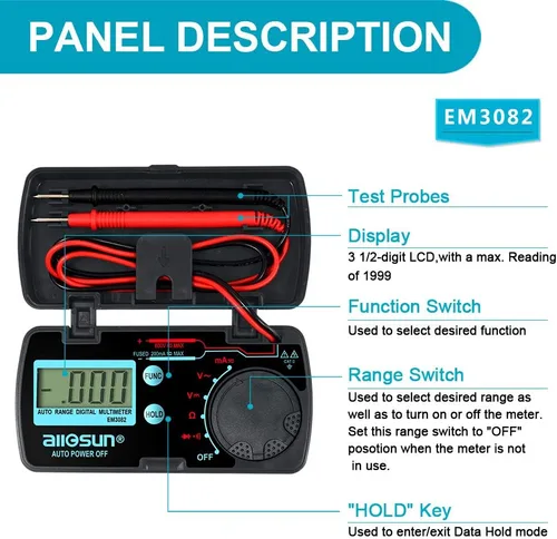 Miniatura 2 de allsun Mini rango automático plegable multímetro digital probador automotriz AC DC Volt AMP Ohm LCD Voltímetro de viaje Amperímetro probador