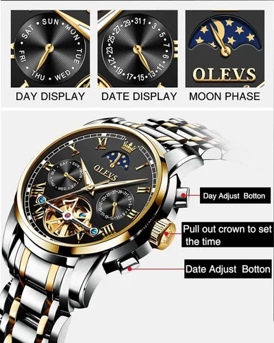 Miniatura 5 de OLEVS Relojes automáticos para hombre, diseño de esqueleto Tourbillon, cuerda automática, reloj de pulsera de lujo, fase lunar, fecha, impermeable