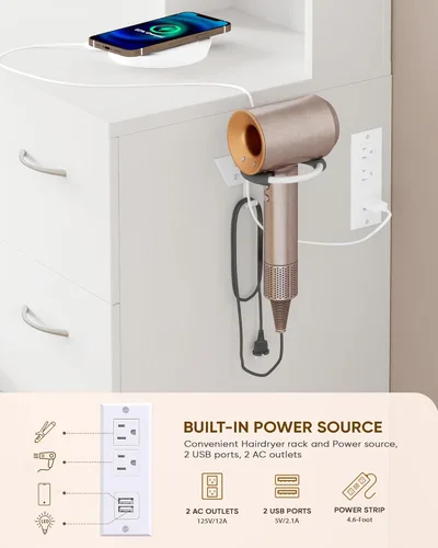 Miniatura 7 de LIVELYGLOW Tocador de maquillaje blanco con espejo HD y 10 bombillas LED, tocador de 34.3 pulgadas con estación de carga, 4 cajones, estante