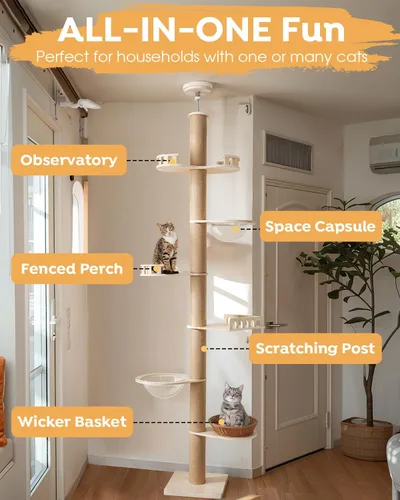 Miniatura 4 de Veehoo Altura del árbol para gatos de piso a techo (106-123 pulgadas), ajustable, resistente y alto con postes rascadores de 4.3 pulgadas de grosor