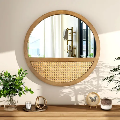 Espejo redondo de ratán de 24 pulgadas, espejo de pared vintage con marco de madera tejida a mano para sala de estar, dormitorio, baño, decoración