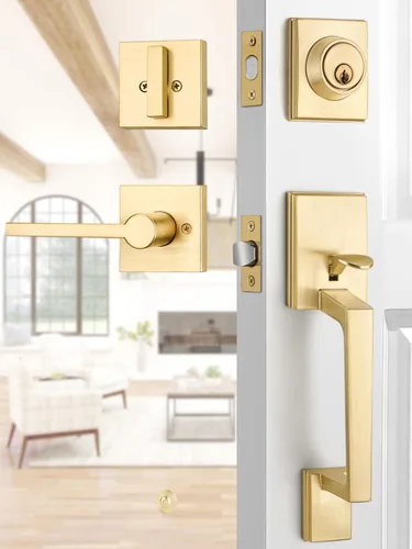 EHOMEWARE Juego de manijas de puerta delantera doradas, palanca de puerta cuadrada resistente de latón y cerrojo de un solo cilindro reversible para