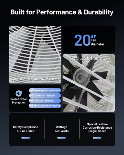 Miniatura 8 de iLIVING Ventilador de escape de obturación de 20 pulgadas, resistencia a la corrosión, velocidad única