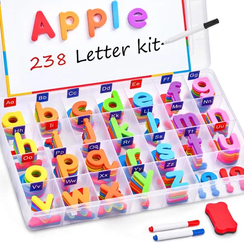 JoyCat Kit de letras magnéticas coloridas para el aula, 238 piezas con tablero magnético de doble cara, letras del alfabeto de espuma para niños en
