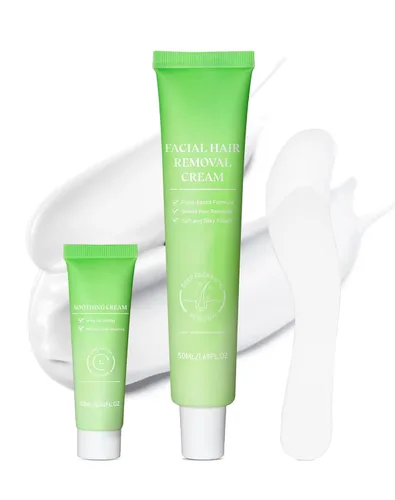 Crema de depilación facial sin dolor para mujeres - Kit 2 en 1 con crema calmante para piel sensible | Removedor de vello de labio superior y