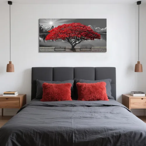 Miniatura 4 de Mofutinpo Arte de Pared de Árbol Rojo en Blanco y Negro Impresión en Lienzo Cuadro Paisaje de Árbol Rojo Grande Obra de Arte Moderna para Sala