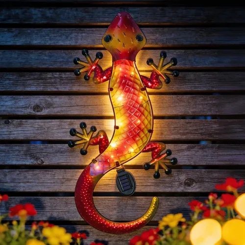 Miniatura 11 de HONGLAND Arte de pared de Gecko de metal, 2 unidades de lagarto de 15 pulgadas, decoración para exteriores, escultura de vidrio colgante, decoración