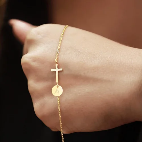 Miniatura 7 de Pulsera de cruz para mujer, delicada pulsera de cruz con iniciales, pulseras de cadena de eslabones dorados, regalos cristianos para mujeres