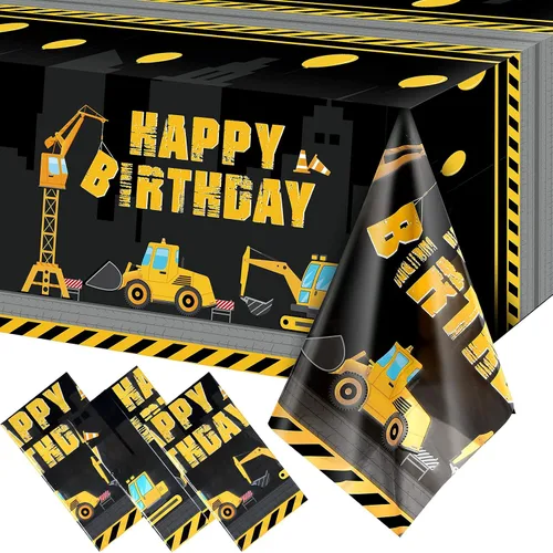 Tatuo Mantel de construcción de feliz cumpleaños, diseño de camión volquete, cubierta de mesa de tractor de plástico impreso, suministros de Negro