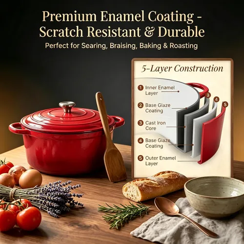 Miniatura 6 de QuliMetal Juego de utensilios de cocina de hierro fundido esmaltado antiadherente, 7 piezas de ollas y sartenes con tapa, sartén, cacerola, olla Rojo