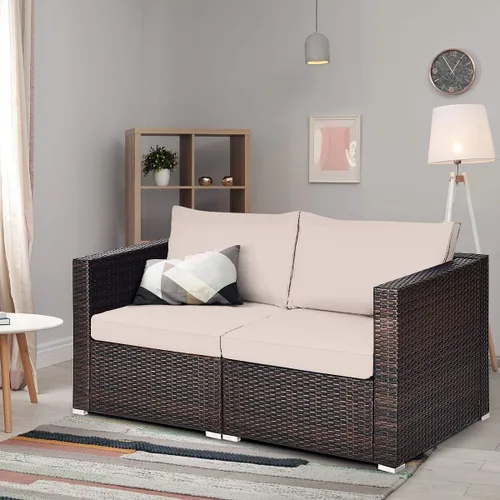 Miniatura 2 de COSTWAY Juego de conversación de muebles seccionales de sofá esquinero de ratán para patio, 2 piezas Beige