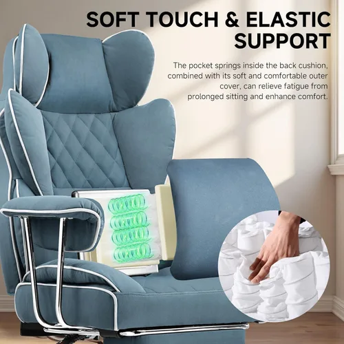 Miniatura 4 de COMHOMA Silla de juegos grande y alta con soporte lumbar de resorte de bolsillo, silla de oficina ergonómica con reposapiés, silla de escritorio Azul