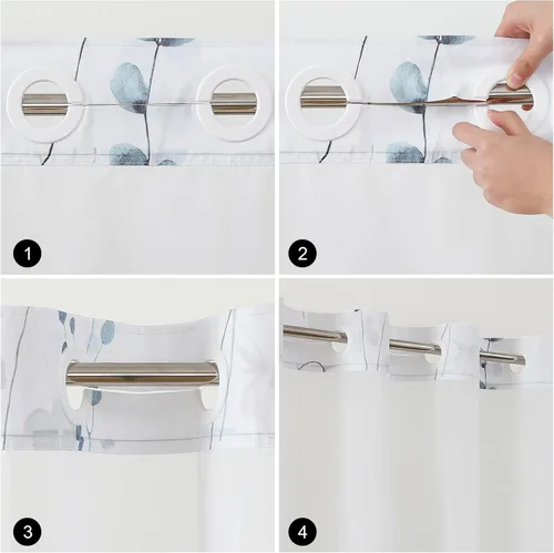 Miniatura 8 de QiyI Cortina de ducha de flores con forro a presión, cortina de baño de tela floral de acuarela azul beige, cortinas de ducha sin gancho con ventana