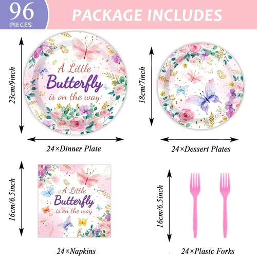 Miniatura 2 de 96 piezas de suministros para fiesta de baby shower con mariposas, una pequeña mariposa está en camino, platos de papel, servilletas, decoración