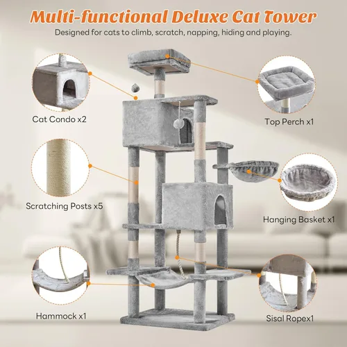 Miniatura 4 de Árbol grande para gatos de 66 pulgadas, torre de árbol para gatos de varios niveles con condominio, perchas, postes rascadores de sisal y hamaca
