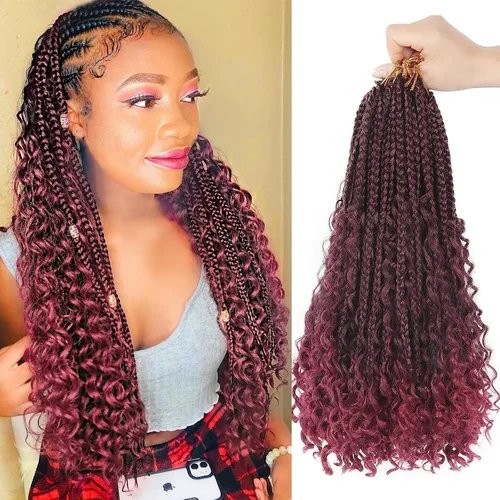 Miniatura 114 de Goddess Box Braids - Trenzas de cabello a ganchillo con extremos rizados, trenzas de caja bohemianas de 16 pulgadas, trenzas de ganchillo, 8 1B-4-30