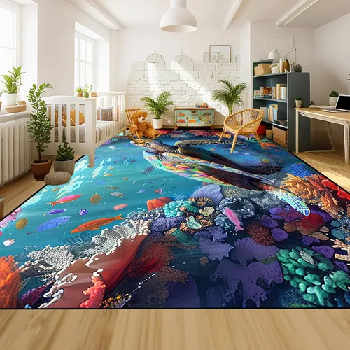 Miniatura 31 de Alfombra de tortuga marina con estampado de animales marinos y animales marinos, alfombra con estampado de tortugas marinas, para niños y niñas