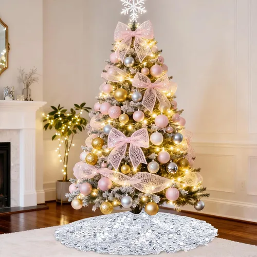 Miniatura 6 de Falda de árbol de Navidad plateada de 36 pulgadas, falda de árbol de Navidad con lentejuelas brillantes, decoraciones de Navidad con purpurina