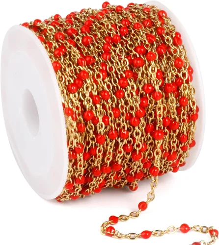Miniatura 12 de Cadenas de esmalte dorado de 33 pies a granel, 2 mm, chapadas en oro de 18 quilates con PVD, acero inoxidable 304, cadena de eslabones con cuentas