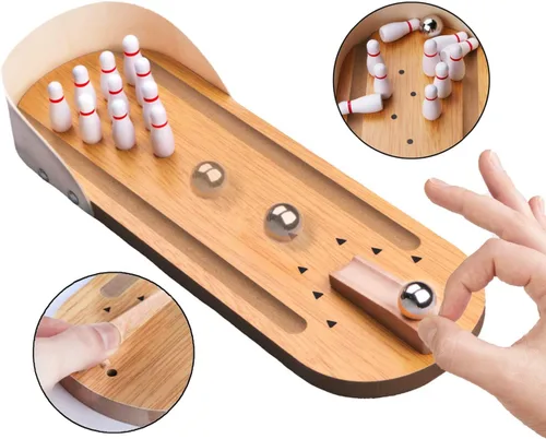 Miniatura 3 de Set de Mini Juego de Bolos de Mesa - Tablero de Madera de Mesa Mini Arcade de Escritorio Pequeña Pista de Tiro de Bolos Gadgets de Alivio de Estrés