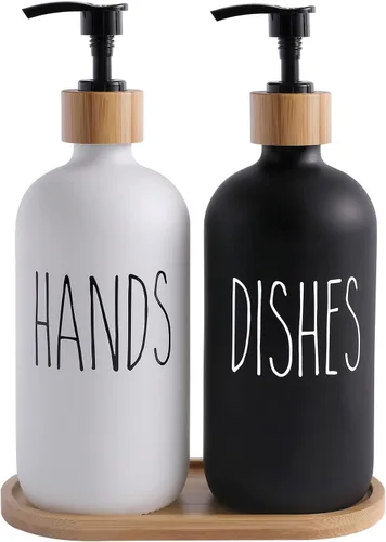 Miniatura 9 de MOMEEMO Juego de dispensador de jabón negro, contiene dispensador de jabón para manos y platos, adecuado para decoración de cocina (negro)