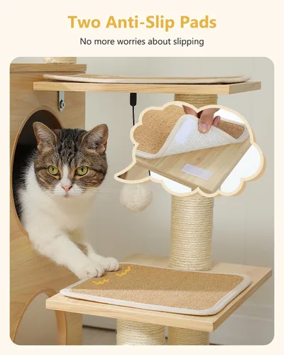 Miniatura 6 de MUTTROS Árbol moderno de madera para gatos de 42.5 pulgadas con condominio de 2 pisos, postes rascadores, nido de cápsulas y bolas colgantes