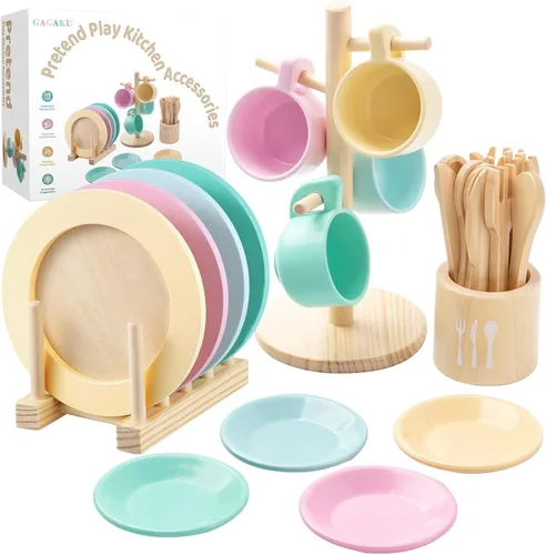 Miniatura 10 de GAGAKU Juego de Platos de Juguete de Madera para Niños - 27 Piezas Accesorios de Cocina de Juego Montessori Juego de Platos y Cuencos, Soporte