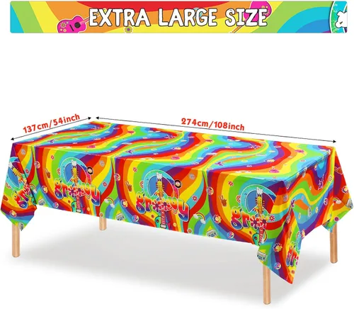 Miniatura 2 de Tiamon 3 manteles de plástico estilo hippie retro para mesa rectangular, decoraciones de fiesta de arco iris desechables para fiestas de los años 60