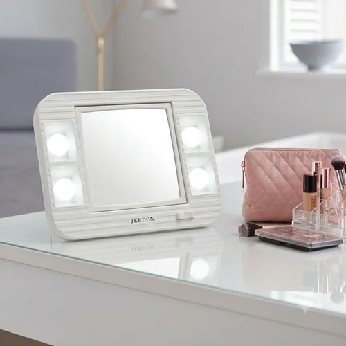 Miniatura 8 de JERDON Espejo de maquillaje de dos caras con luces, espejo de tocador con aumento 5X e iluminación sin reflejos de dos ajustes, base blanca