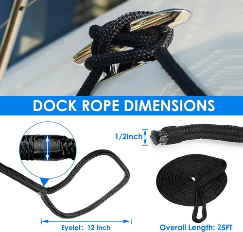 Miniatura 2 de Amarine Made Líneas de muelle de 1/2 pulgadas x 25 pies, paquete de 4 líneas de muelle de barco para barco, líneas de barco dobles trenzadas