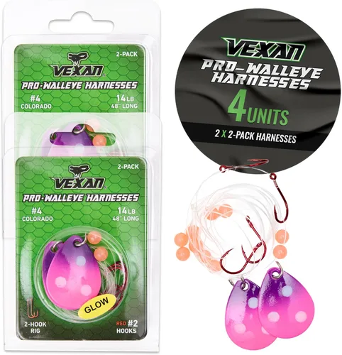 Vexan Glow Walleye Spinner Rig - Live Bait Fishing Rig for Walleye with UV Glow Beads, #4 Colorado Spinning Plates, #2 Red J-Hook Setup, 48” Mono