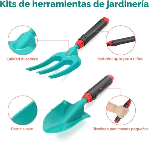 Miniatura 6 de CUTE STONE - Juego de herramientas de jardinería para niños, juguetes de jardín con carretilla, regadera, guantes de jardinería, rastrillo manual