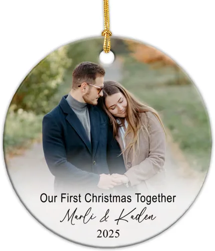 Miniatura 9 de Adorno de cerámica personalizable con texto en inglés «Our First Christmas Together As Mr and Mrs 2024», adorno personalizado para parejas recién