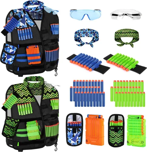 Lehoo Castle Paquete de 2 chalecos tácticos para niños Nerf Guns N-Strike Elite Series para niños y niñas, con 60 dardos de repuesto, bolsa de Azul