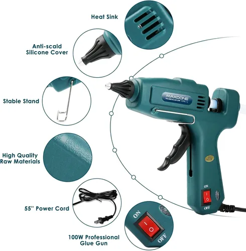 Miniatura 6 de Kit de pistola de pegamento caliente ignífuga de 100 W, pistola de pegamento MAXDONE Craft tamaño completo (no mini), pistola de pegamento caliente