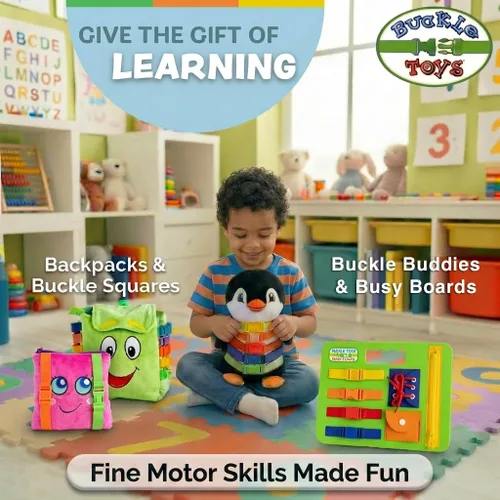 Miniatura 9 de Buckle Toys Billy Bear - Mochila Montessori para niños pequeños con hebillas y actividades de aprendizaje, animal de peluche para habilidades
