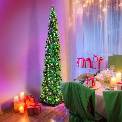 Miniatura 2 de Aoriher Árbol de Navidad de Oropel Verde Preiluminado Emergente de 5 pies, Decoración Reutilizable Plegable Artificial con Lentejuelas, Árbol