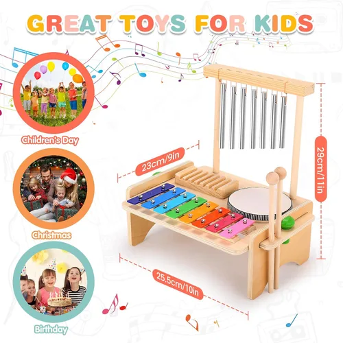 Miniatura 7 de Juego de batería para niños pequeños, juguetes de instrumentos musicales Montessori, juego de batería para niños pequeños, xilófono de madera