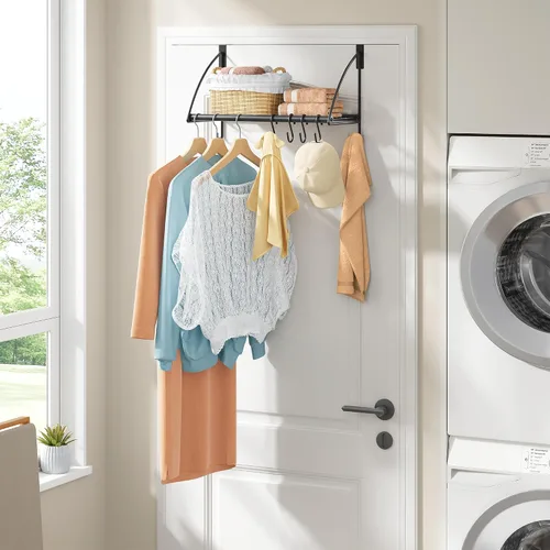Miniatura 8 de Tajsoon Percha para colgar sobre la puerta con estante de almacenamiento y 6 ganchos, perchero para colgar abrigos, perchero de puerta para baño
